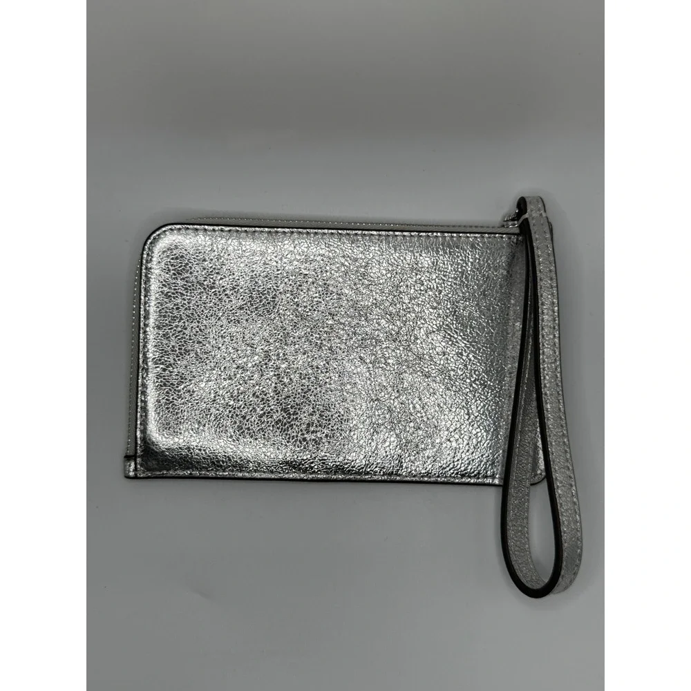 Kate Spade New York Silver Metallic Wristlet Zip Pouch Clutch Coin Purse‎
